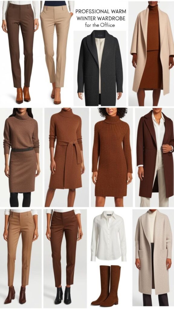 Examples of professional and warm winter capsule wardrobe outfits suitable for the office, featuring tailored trousers, knit dresses, blouses, and warm outerwear.