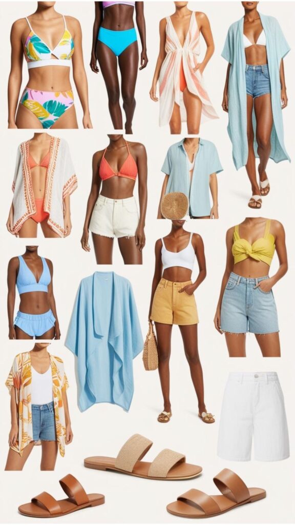 Laid-back and stylish summer vacation capsule wardrobe outfits, featuring swimwear, cover-ups, shorts, and comfortable sandals.