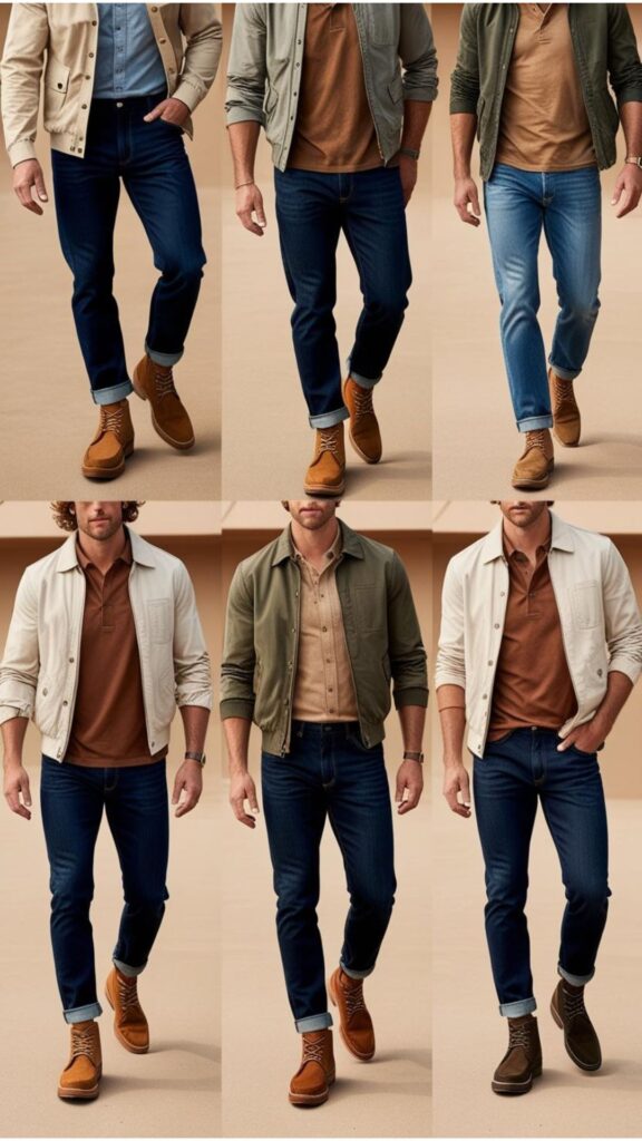 Men showcasing casual boots outfits featuring comfortable boots like chukka boots or moc-toe boots paired with jeans, casual shirts, and light jackets.