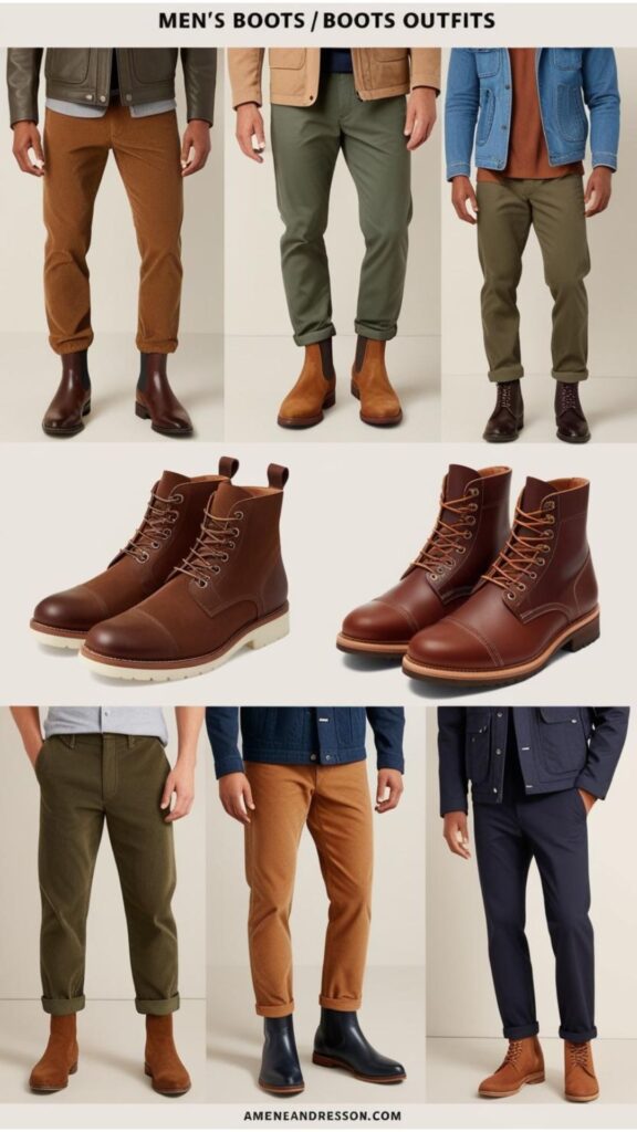 Several examples of men's boots outfits, showcasing different boot styles (Chelsea boots, work boots, chukka boots) paired with various trousers and jackets.
