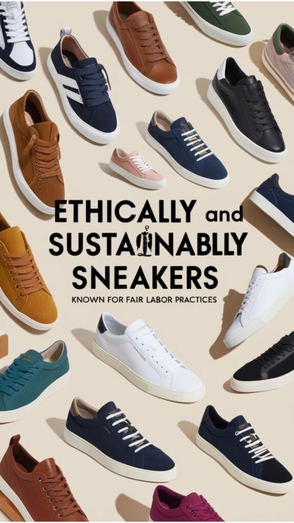 A display of sneakers from brands that prioritize ethical and fair labor practices, emphasizing conscious consumer choices in footwear.