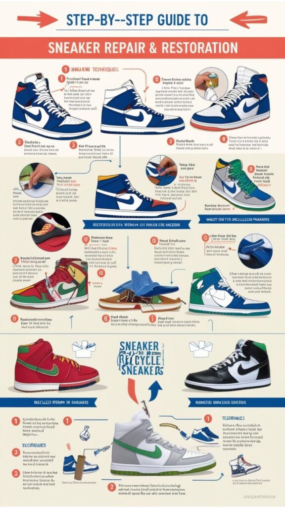 A visual guide to sneaker repair and restoration, alongside examples of donated or recycled sneakers, emphasizing waste reduction and sustainable practices.