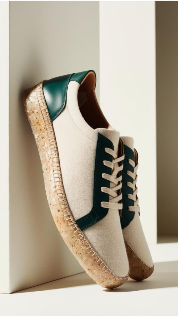 A pair of sneakers made from sustainable materials like recycled plastics, organic cotton, and vegan leather, highlighting eco-conscious footwear choices.