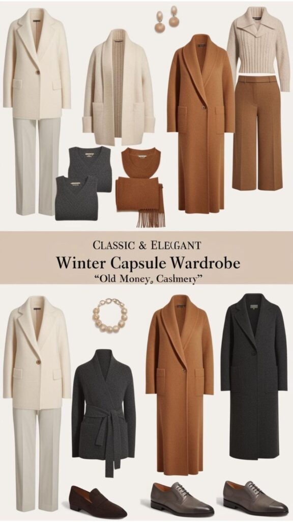 Classic and elegant winter capsule wardrobe outfits with an "old money" aesthetic, featuring high-quality wool and cashmere pieces in neutral tones like cream, camel, and charcoal grey.