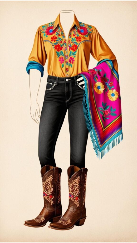 A cowgirl-inspired outfit with a Mexican influence, featuring embroidered cowboy boots, jeans, a colorful blouse, and perhaps a serape or other traditional Mexican accessories.