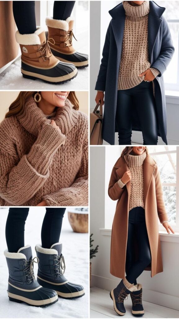 Cozy and stylish winter boots outfits featuring insulated boots, warm socks, thick sweaters, and winter coats paired with jeans or leggings.