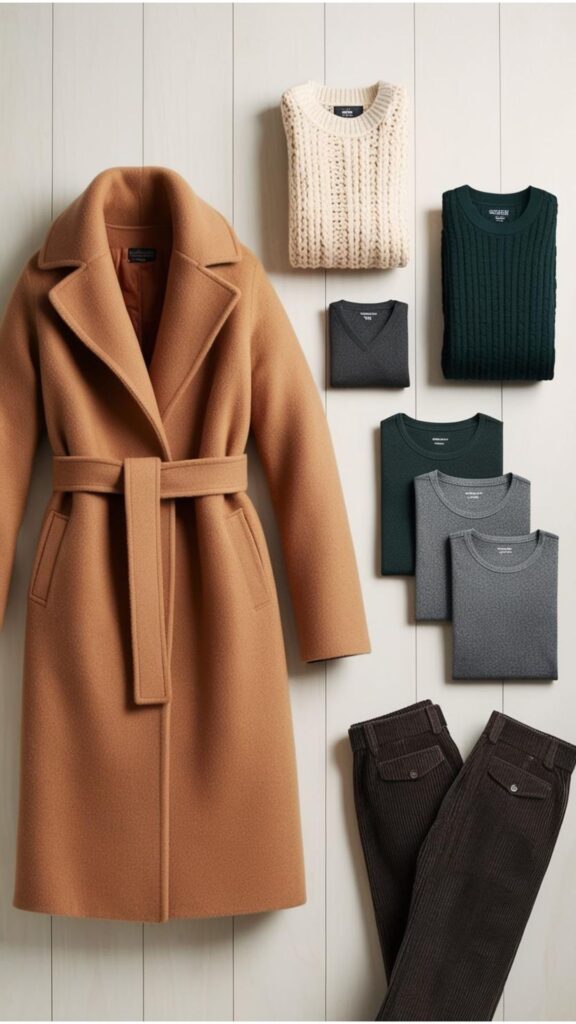 A selection of warm and cozy capsule wardrobe items ideal for winter, including a wool coat, chunky knit sweaters, thermal tops, and durable trousers.