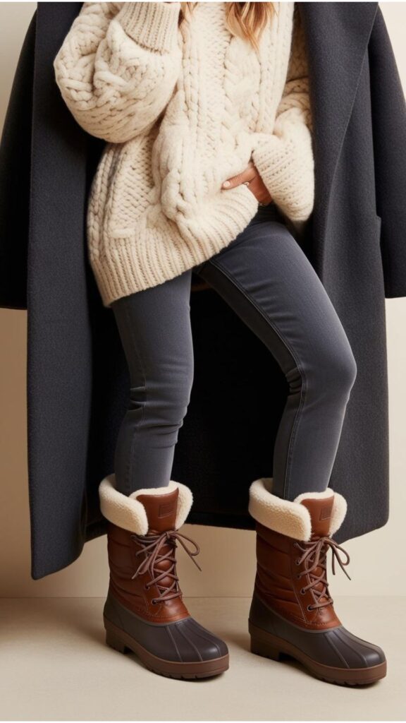 A cozy winter boots and jeans outfit featuring insulated boots, dark-wash jeans, a chunky knit sweater, and a warm coat.