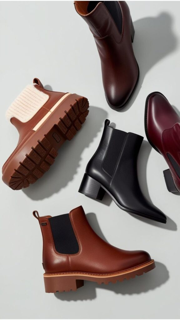 A selection of versatile winter capsule wardrobe shoes, including warm boots, stylish ankle boots, and perhaps a pair of dressier heeled boots.