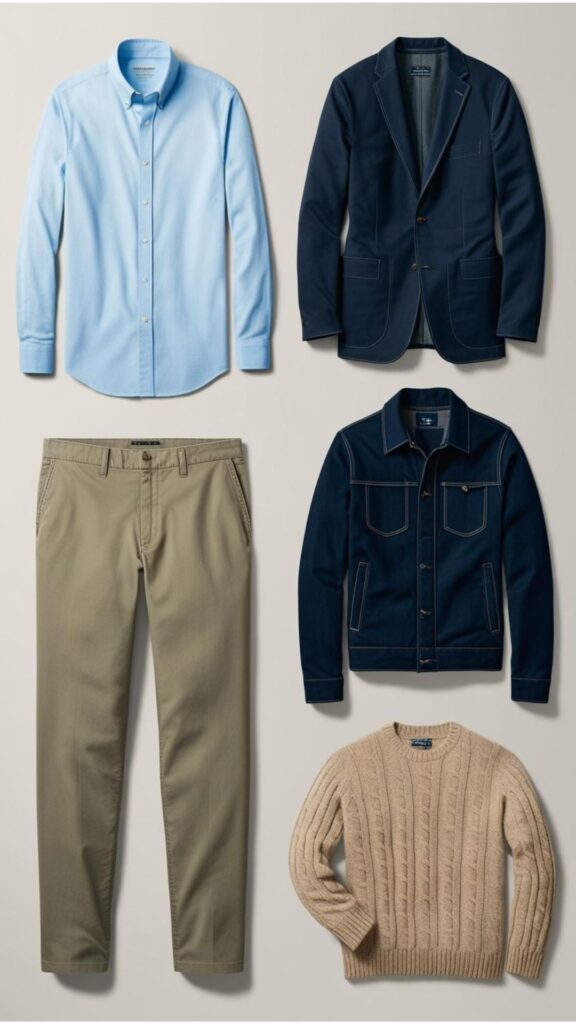 A curated collection of men's capsule wardrobe items, including a button-down shirt, chinos, a blazer, a denim jacket, and a casual sweater.