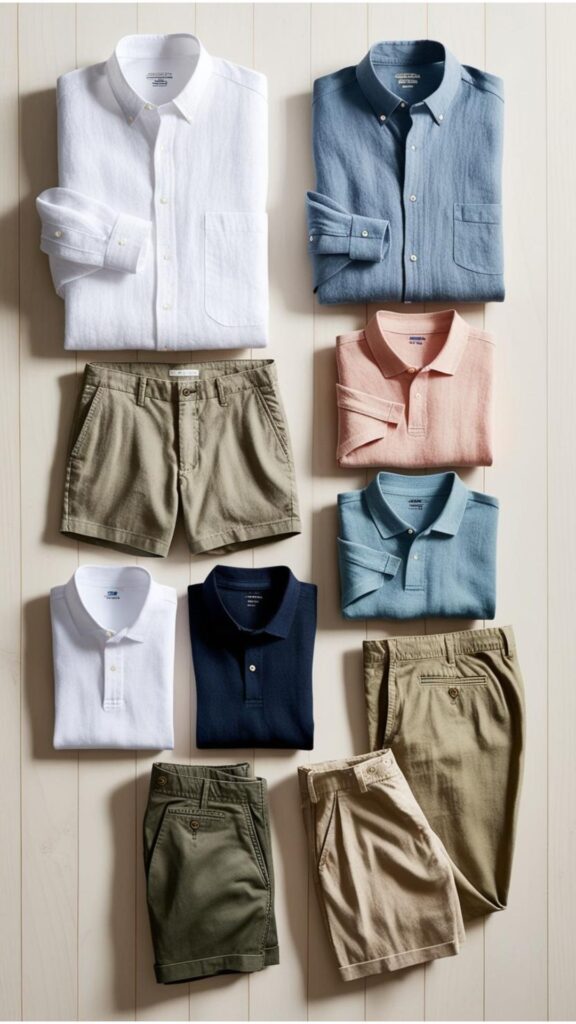 A collection of essential summer capsule wardrobe items for men, including linen shirts, chino shorts, polo shirts, and lightweight trousers.