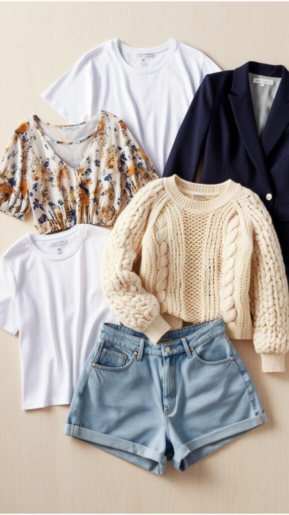 A flat lay showcasing different tops that can be paired with denim shorts, including a t-shirt, a blouse, a sweater, and a blazer.