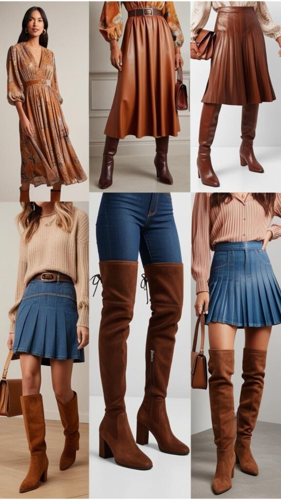 A collage showcasing diverse boots outfits for women, including ankle boots with dresses, knee-high boots with jeans, and over-the-knee boots with skirts.