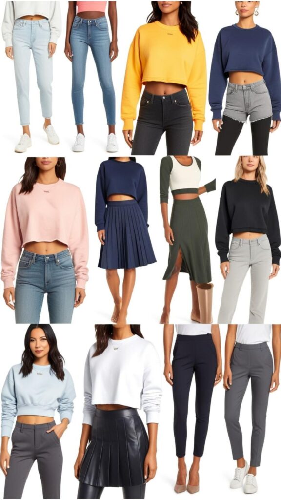 A collage showcasing various sweatshirts outfits for women, including sweatshirts paired with jeans, skirts (pleated, denim), leggings, and tailored trousers.