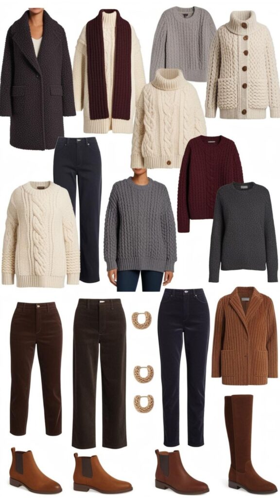 Several stylish and cozy winter capsule wardrobe outfits, showcasing different combinations of coats, sweaters, trousers, and boots.