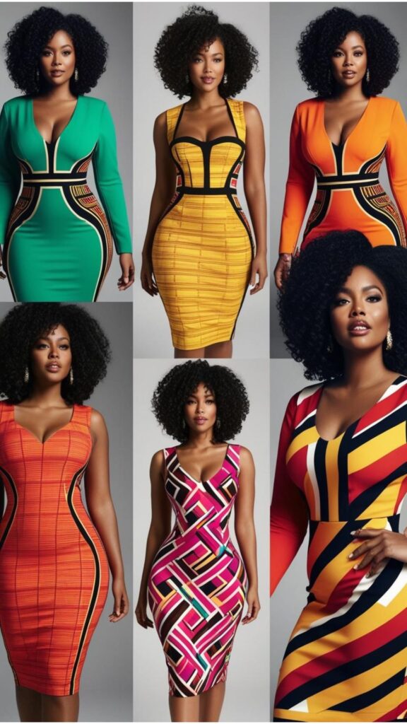 Stylish bodycon dresses for stunning black women in vibrant colors and hard prints for curvy figures.
