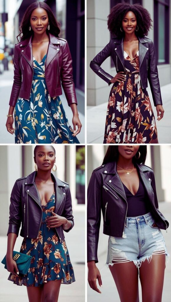 Edgy summer outfits for stunning black women: Leather jacket elevates dresses and shorts