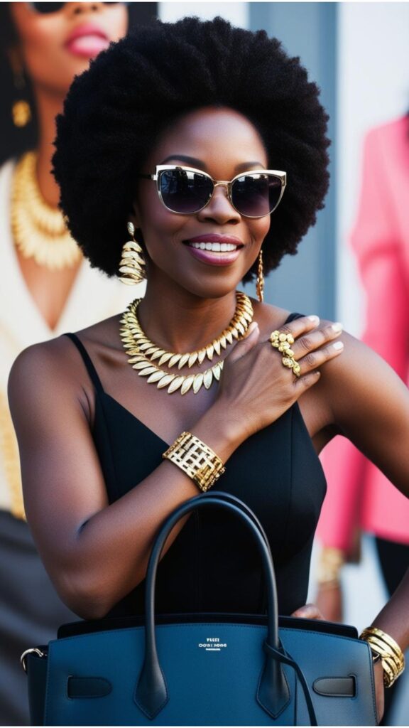 "Baddie" black women essentials: eye-catching jewelry, sunglasses, and statement bags complete the look.