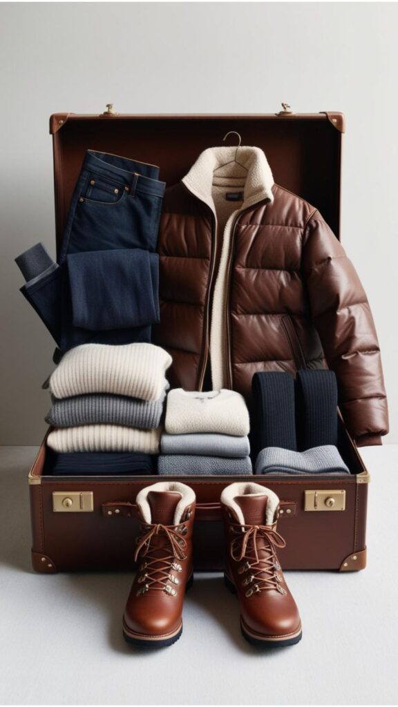 A suitcase packed with versatile winter capsule wardrobe items suitable for travel in cold climates, including packable layers and comfortable walking boots.