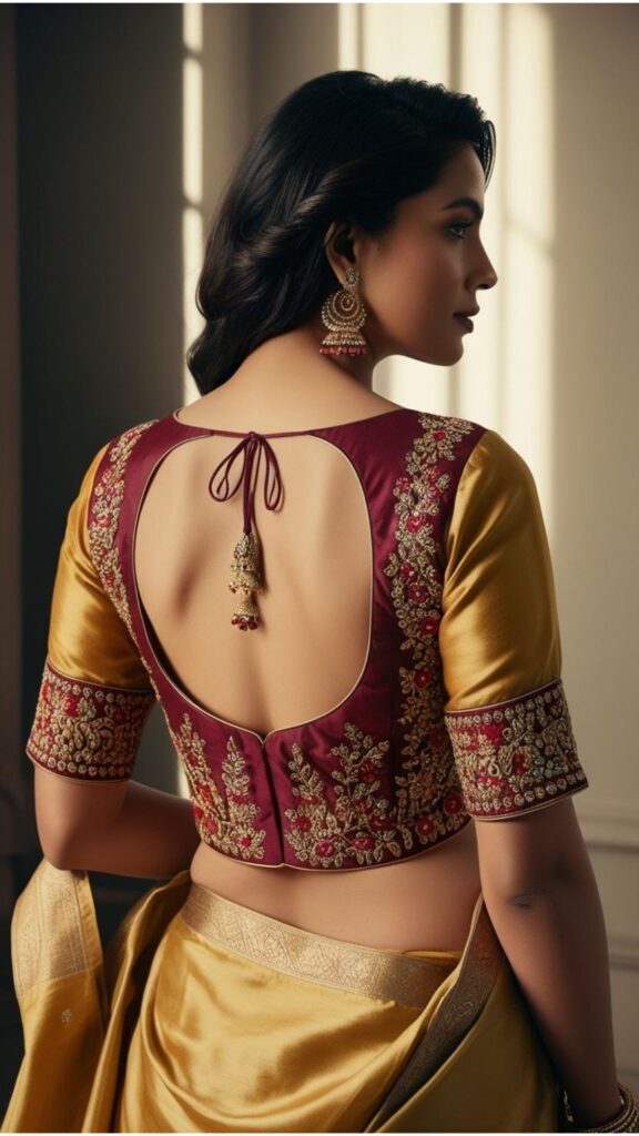 Trendy Indian plus-size blouse with a deep U-neck design creating a sensual and elegant back-focused look.