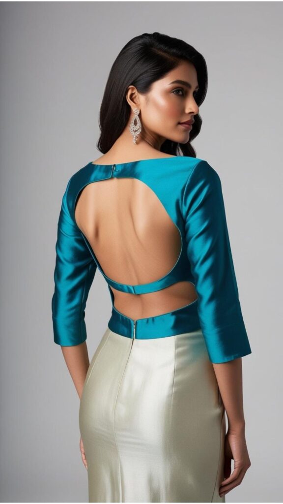 Trendy Indian plus-size boat neck blouse with back cutouts styled for a striking and modern evening look.