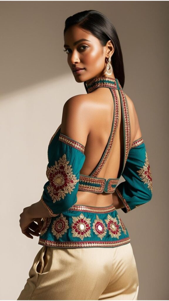 Trendy Indian plus-size halter neck blouse with intricate back detailing for a dramatic and sophisticated look.