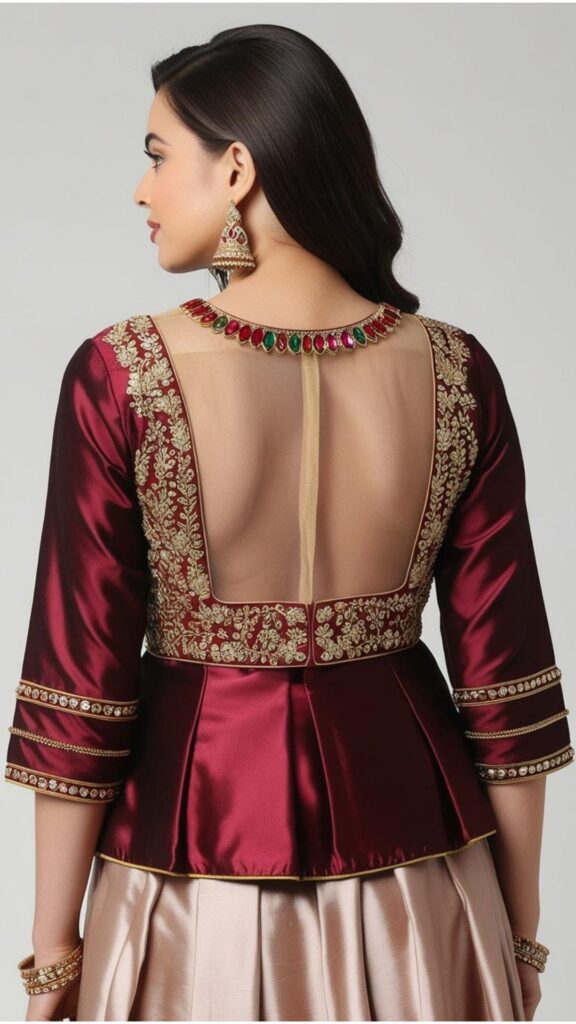Trendy Indian plus-size blouse with a net back and intricate embroidery for a stunning and eye-catching design.