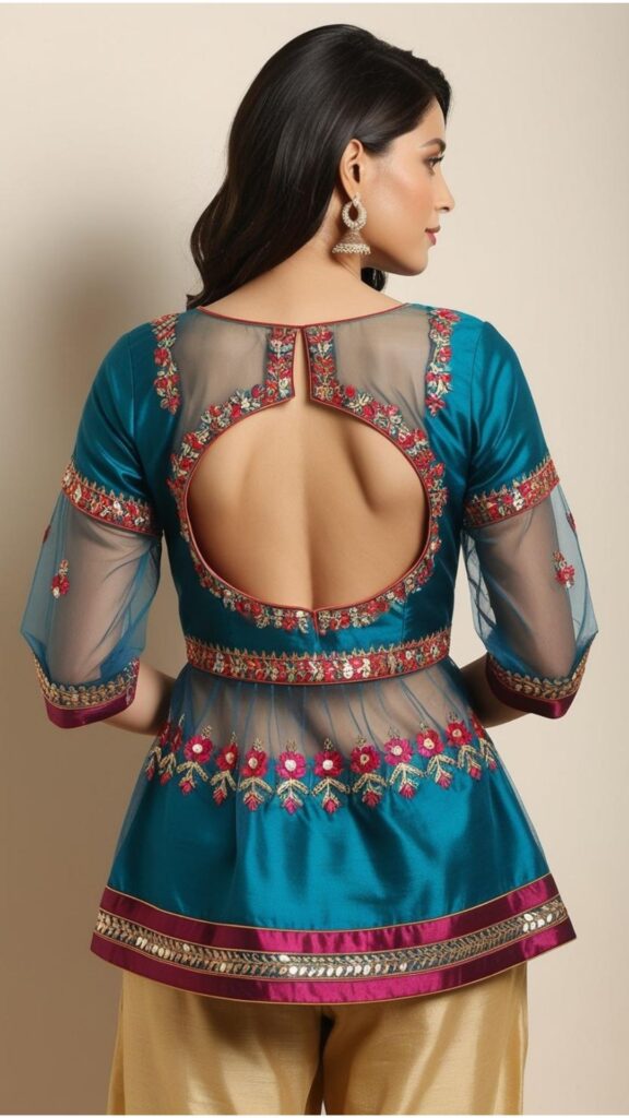 Trendy Indian plus-size blouse with a keyhole back and delicate net insert for a sensual and intriguing look.