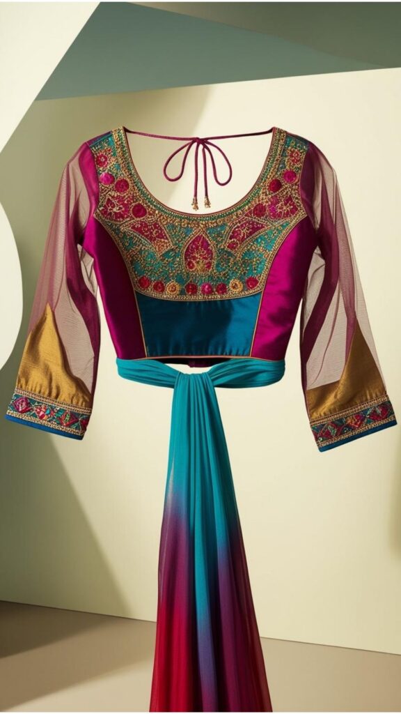 Trendy Indian plus-size blouse with a net yoke and tie-up back detail for a unique and stylish traditional look.