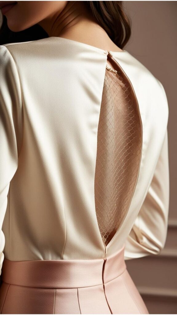 A close-up shot of a blouse with a keyhole back and a delicate net insert.