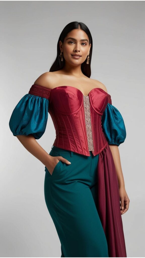 Trendy Indian plus-size blouse with off-shoulder puff sleeves, corset details, and sustainable fabrics for 2025 style.