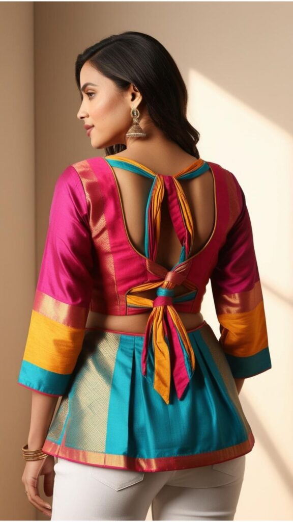 Trendy Indian plus-size blouse with knotted back details adding a playful and bohemian touch to the design.