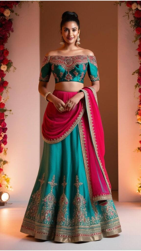 Trendy Indian plus-size off-shoulder blouse paired with a lehenga, creating a romantic and ethereal festive look.