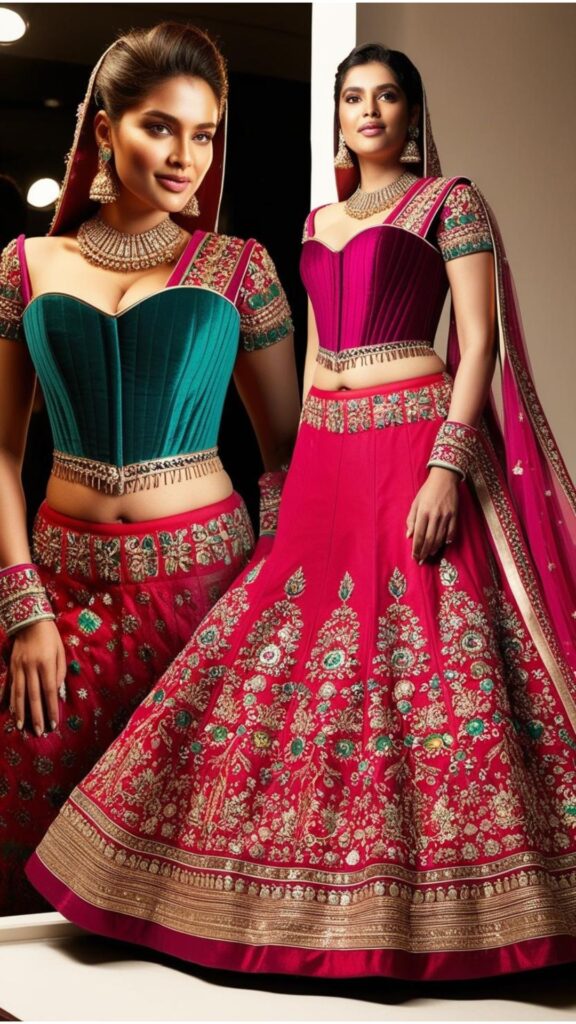 Trendy Indian plus-size corset blouse paired with a traditional lehenga for a structured and dramatic festive look.