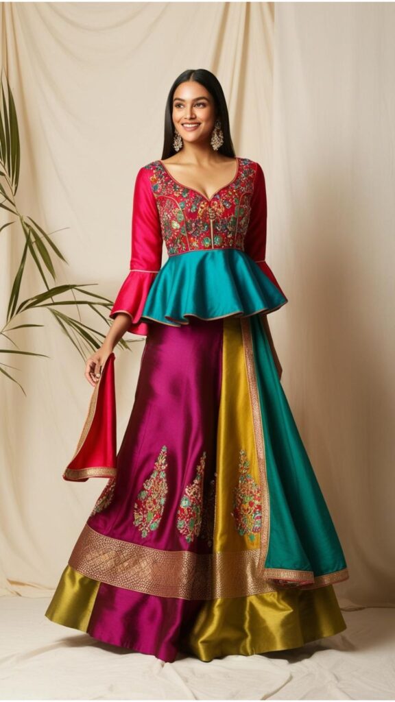 Trendy Indian plus-size peplum blouse styled with a flowing lehenga to create volume, flair, and a flattering silhouette.