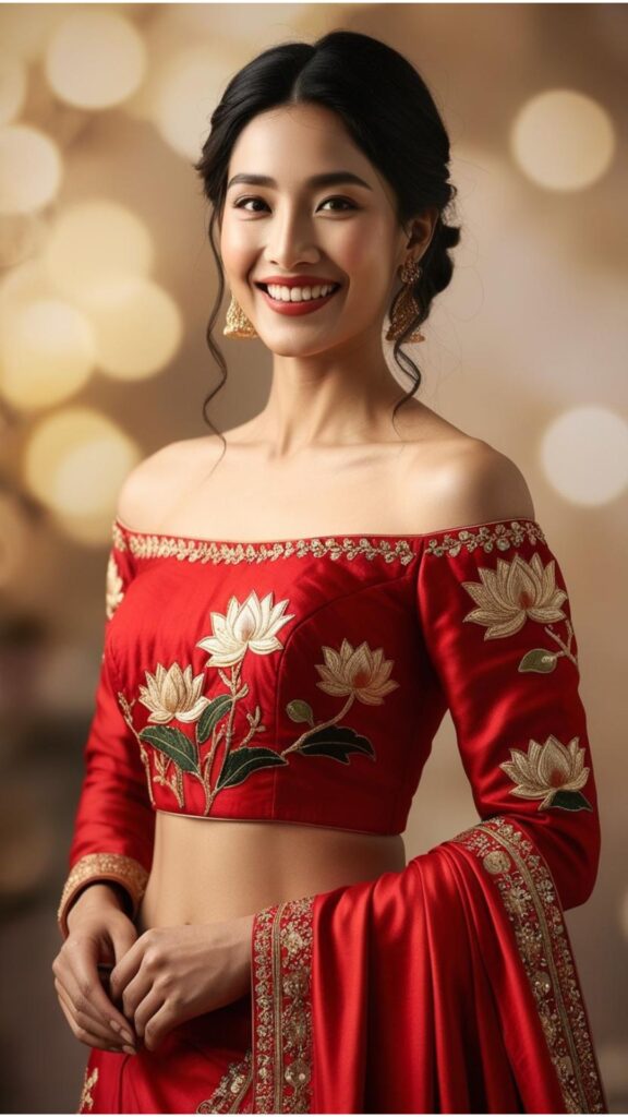 A stunning woman wearing a red lehenga with an off-shoulder blouse, adorned with intricate embroidery.