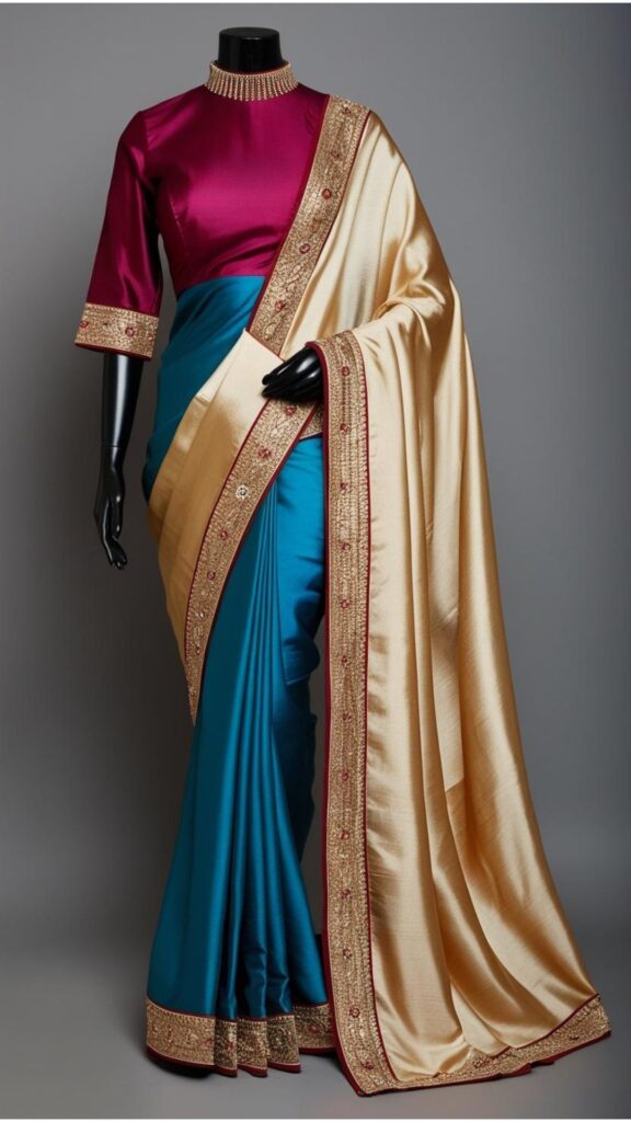 Trendy Indian plus-size high neck blouse paired with a silk saree for a sophisticated and elegant traditional look.