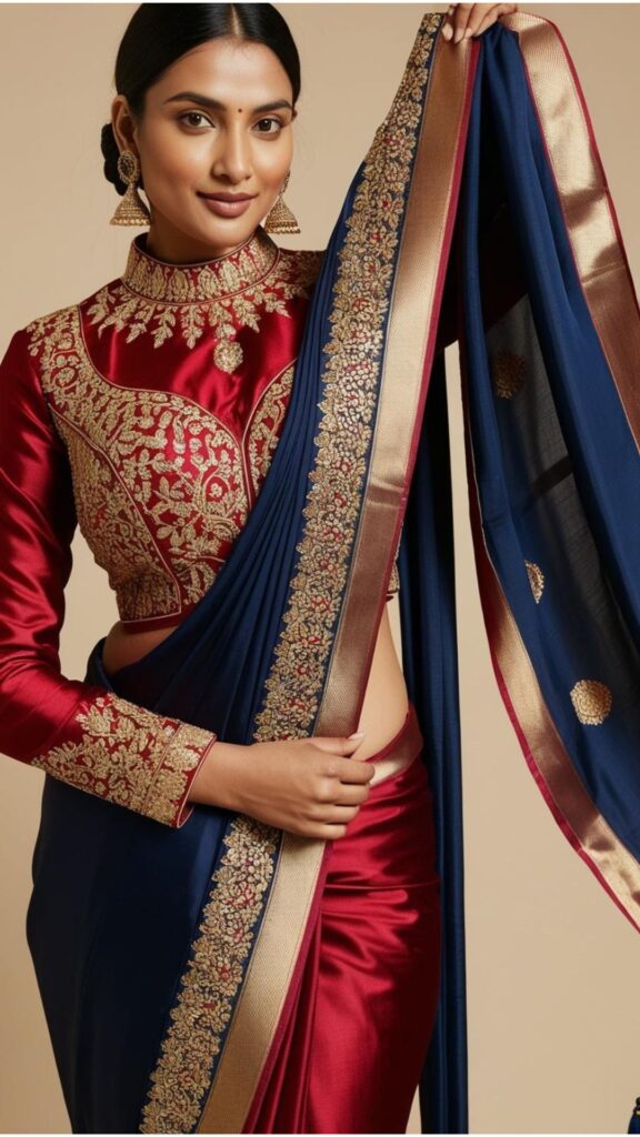 Trendy Indian plus-size blouse with intricate embroidery paired with a saree to enhance luxury and elegant craftsmanship.