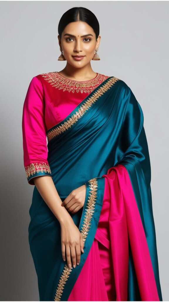Trendy Indian plus-size blouse in a contrasting color paired with a saree for a striking and modern traditional look.
