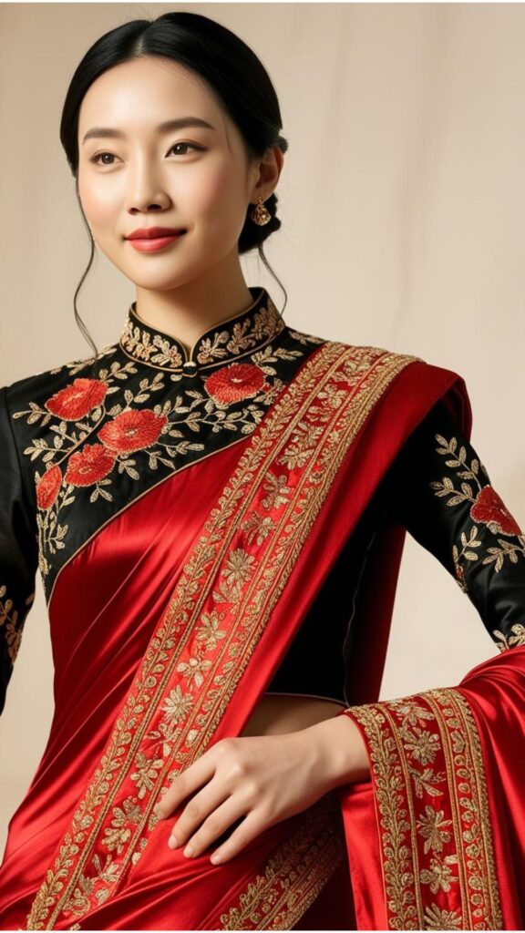 A lovely woman wearing a vibrant silk saree with a contrasting black embroidered blouse.
