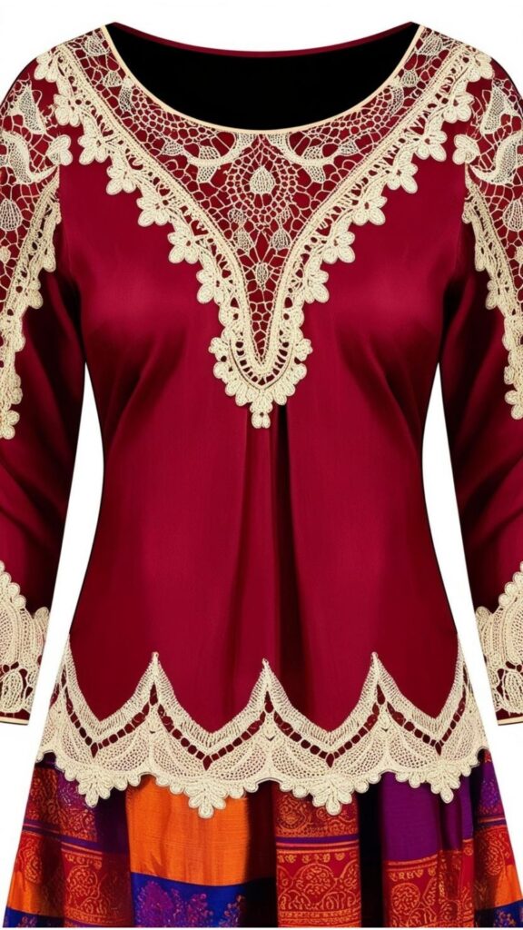 Trendy Indian plus-size boat neck blouse with delicate lace details for a feminine and elegant traditional look.