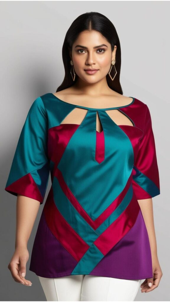Trendy Indian plus-size boat neck blouse with stylish cutouts around the neckline for an edgy and modern look.