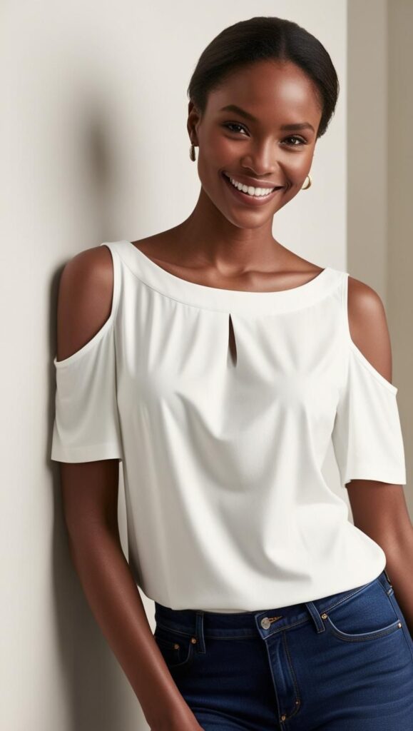 A beautiful woman wearing a white boat-neck blouse with cold shoulders, paired with blue jeans.