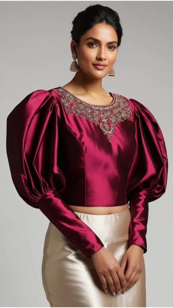 Trendy Indian plus-size blouse with puff sleeves adding drama and romance, styled for a special occasion look.