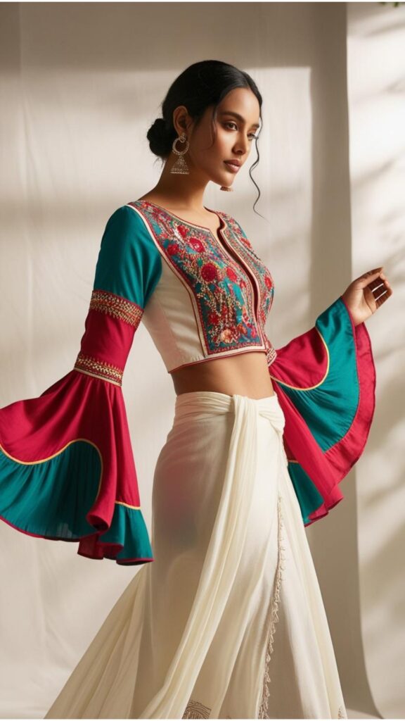 Trendy Indian plus-size blouse with bell sleeves styled to create a flowing, ethereal, and bohemian-inspired look.