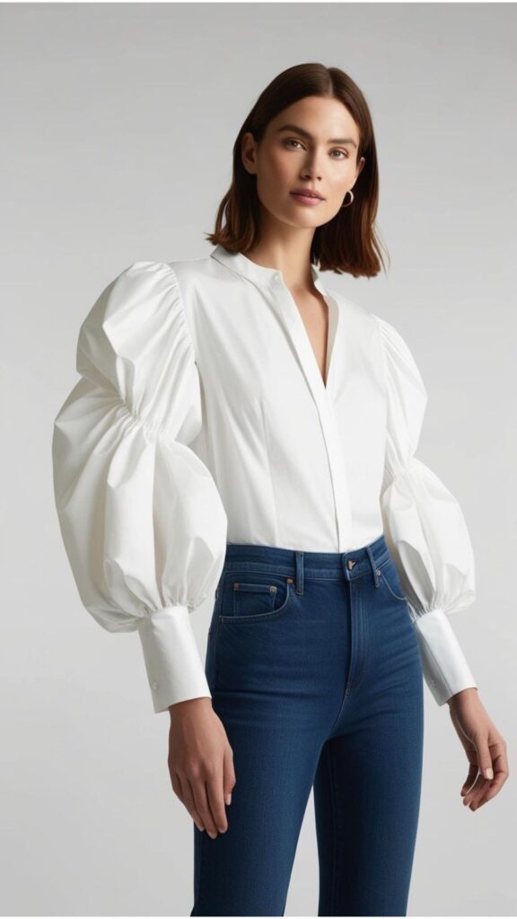 A stunning woman wearing a white blouse with dramatic puff sleeves, paired with blue jeans.