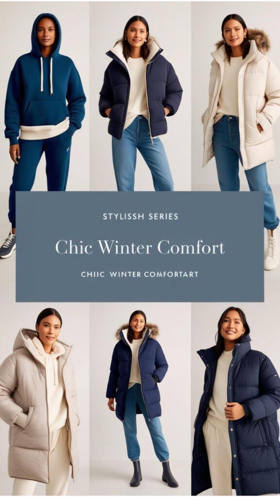 Chic winter comfort: hoodies and sweatshirts paired with stylish outerwear.