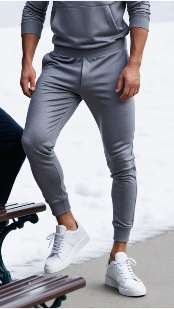 Winter joggers and sneakers for men: relaxed yet chic comfort. Casual comfort: stylish joggers paired with sneakers.