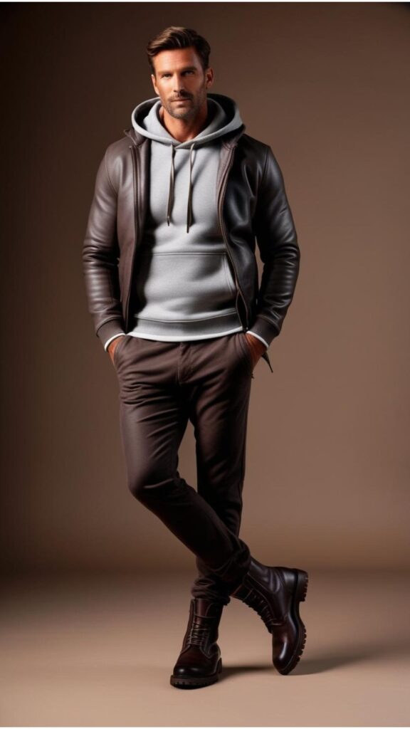 Sweatshirts and Hoodies for men: Dress up a sweatshirt with a stylish jacket and boots.