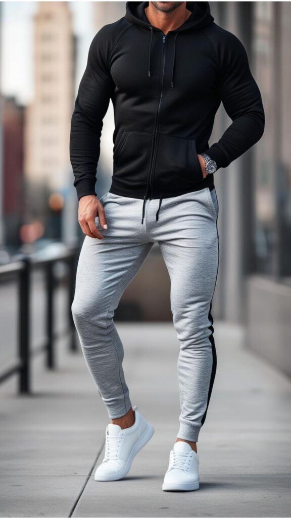 Generate an image of a man wearing gray joggers, white sneakers, and a black hoodie.